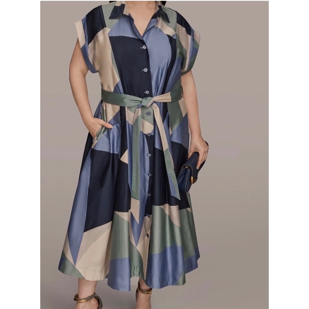 Donna Karan New York Blue Geometric Colorblock Belted Shirt Dress 20W NWT